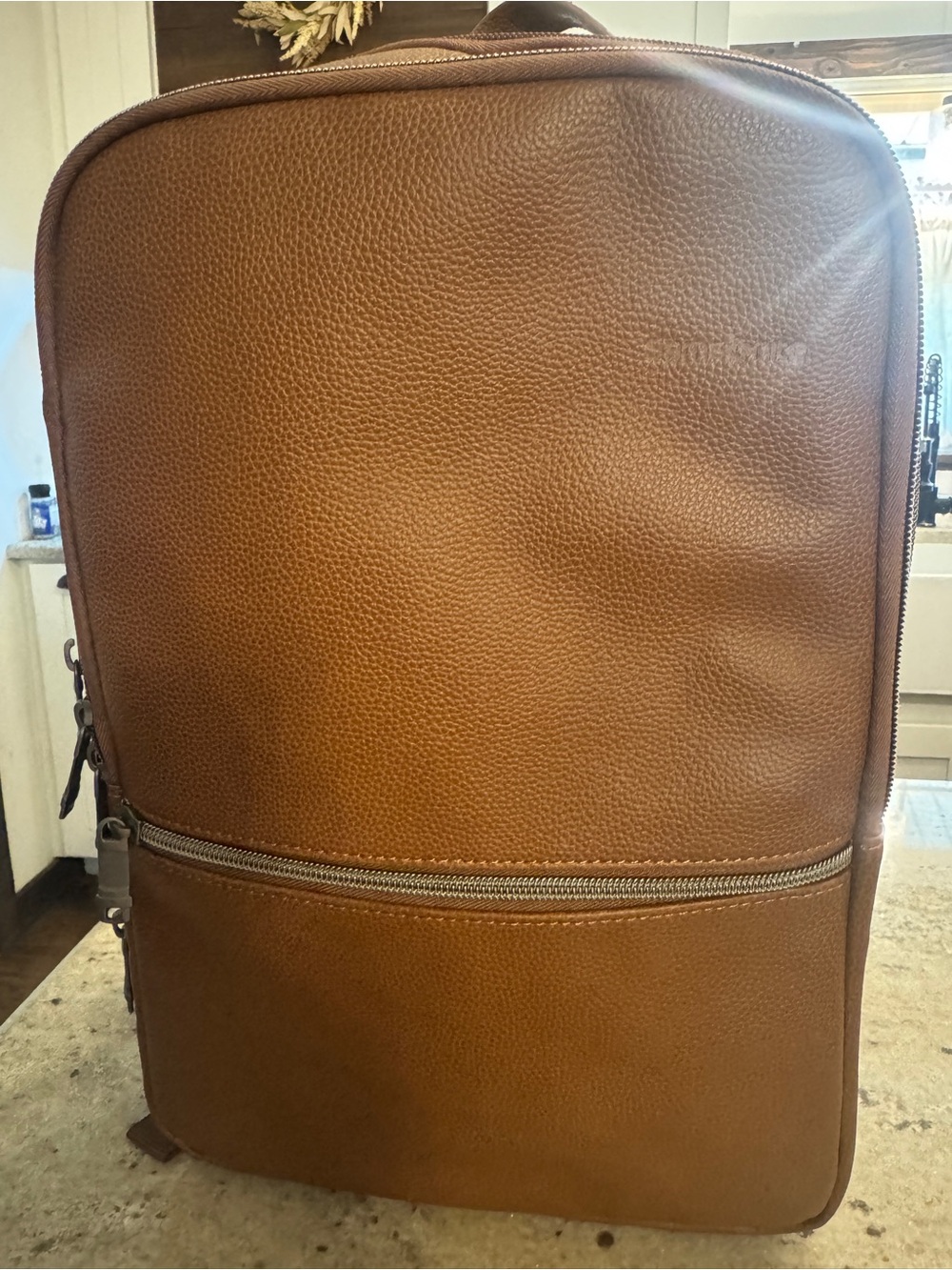 Samsonite Brown Leather Backpack with Front Zip Pocket